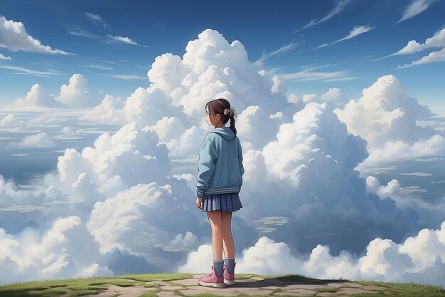 A girl stands with clouds around her