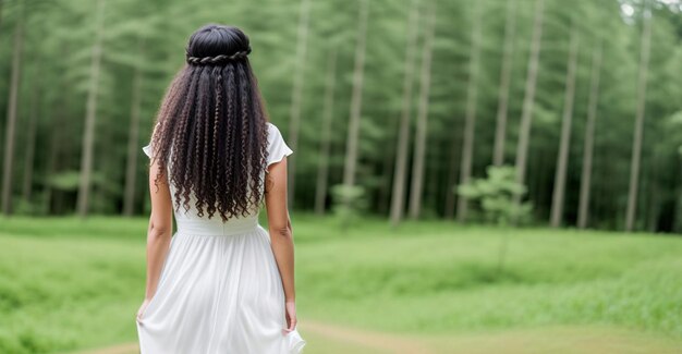 The girl stands with her back against the background of a green forest Generative AI