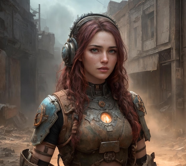 A girl in a steampunk style with a headphones on her head