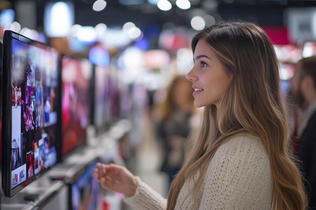 Photo a girl in a store with a sign that says quot the word quot on it