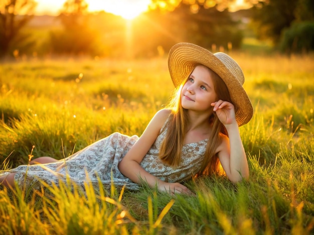 Photo a girl in a straw hat sits in the grass with the sun behind her