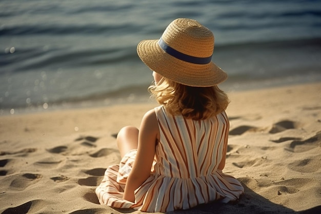 A girl in a striped dress sits on a beach and looks out to the ocean.