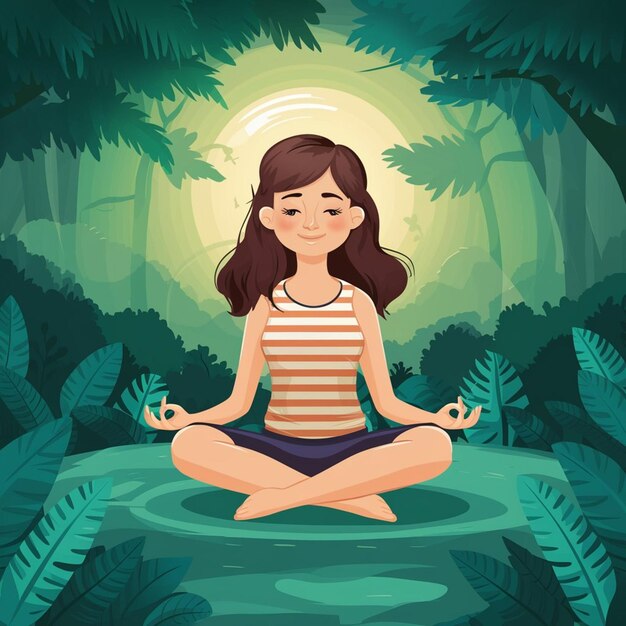 a girl in a striped shirt is practicing yoga in the jungle