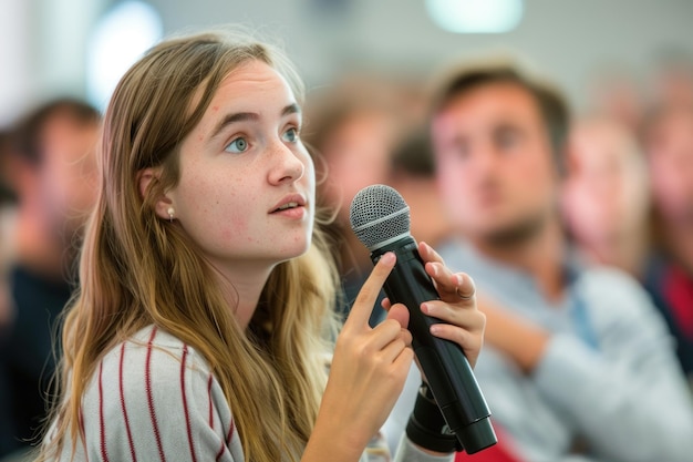 Photo girl student asking lecturer a question with a microphone at a conference