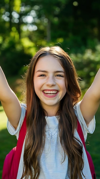 Girl student kid smiling silly laughing posing delighted and cheering turn camera playful upbeat