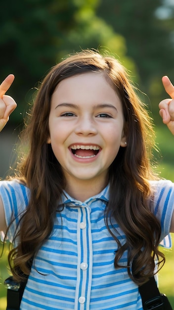 Girl student kid smiling silly laughing posing delighted and cheering turn camera playful upbeat