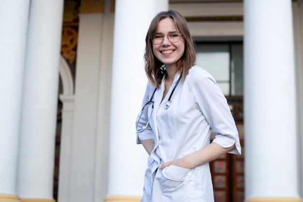 girl student at a medical university standing in the corridor