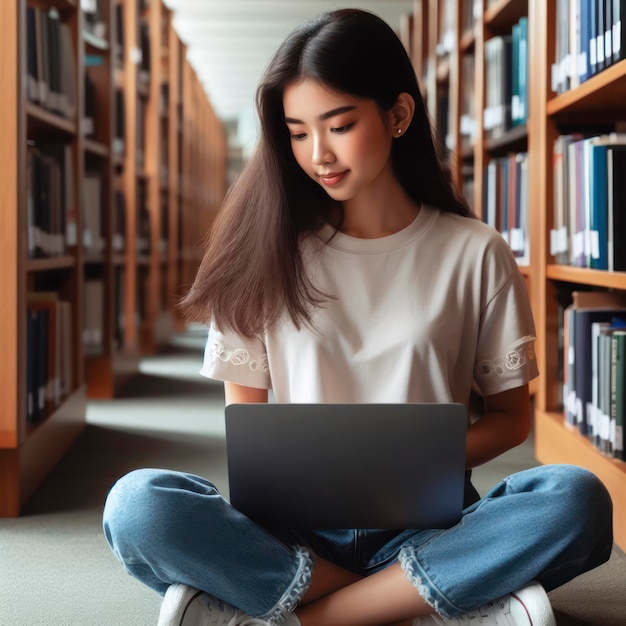 Girl student using laptop computer sitting on floor among bookshelves in university campus library ai generative