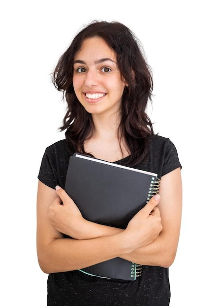 Girl student with a black paper notebook Calm happy school girl isolated