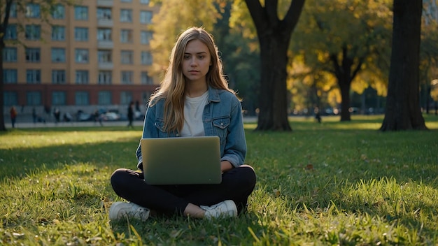 Photo girl student with laptop sitting on grass in park