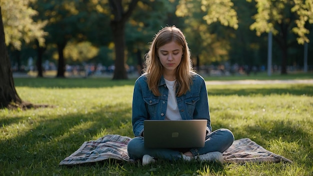 Photo girl student with laptop sitting on grass in park