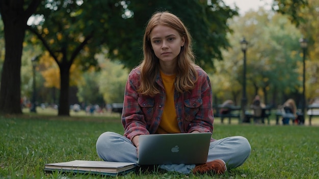 Photo girl student with laptop sitting on grass in park