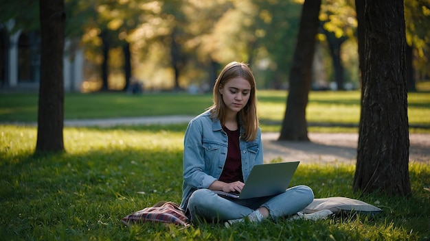 Photo girl student with laptop sitting on grass in park