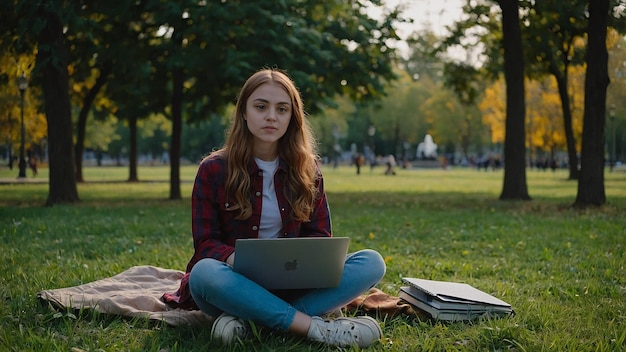 Photo girl student with laptop sitting on grass in park