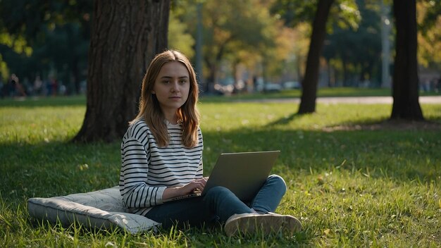 Photo girl student with laptop sitting on grass in park