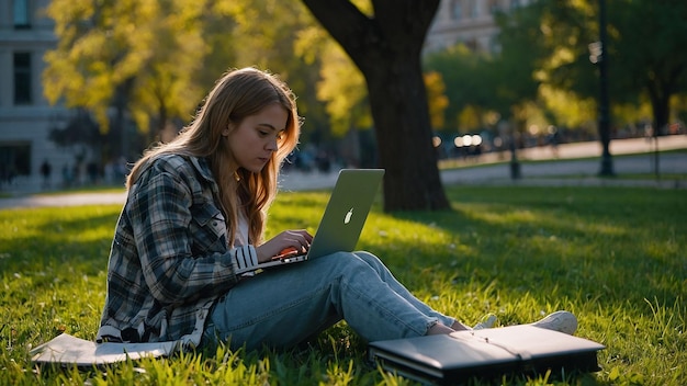 Photo girl student with laptop sitting on grass in park