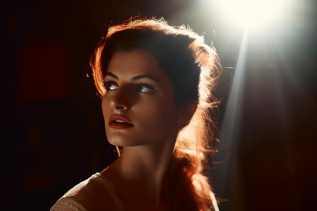 girl in studio with flare of light behind her