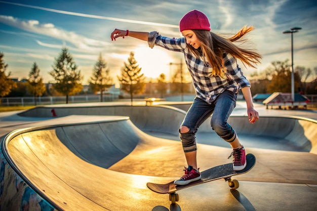 girl sufe skate or skateboarding on skate park