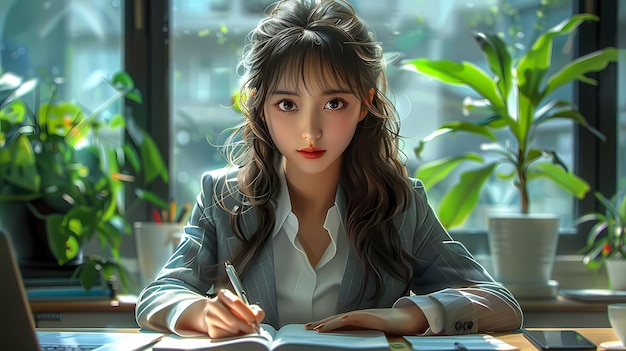 a girl in a suit sits in front of a notebook with a pen in her hand