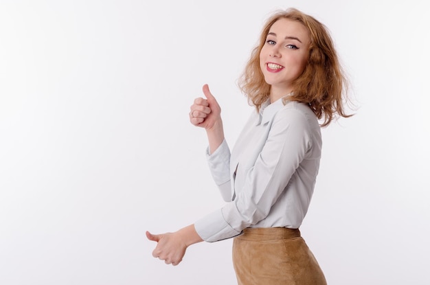 Girl in a suit on a white background