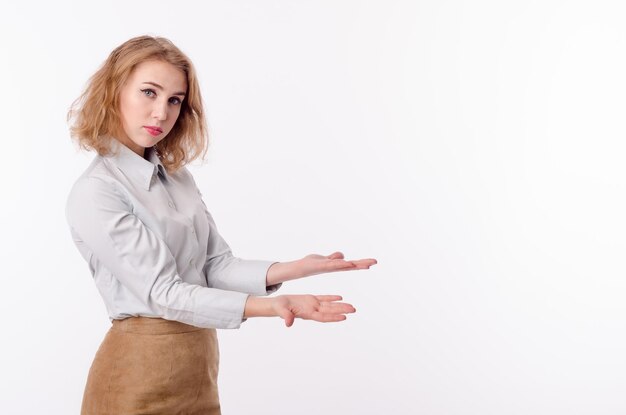 Girl in a suit on a white background