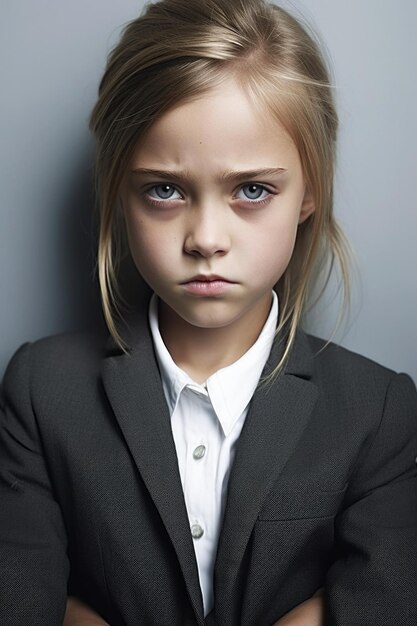 A girl in a suit with a white shirt and a black blazer.