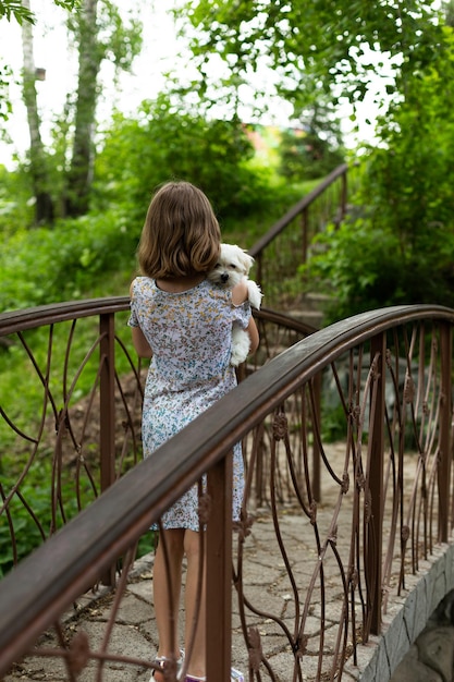 A girl in a summer dress holds a Maltese lapdog puppy in her arms in the park on the bridge