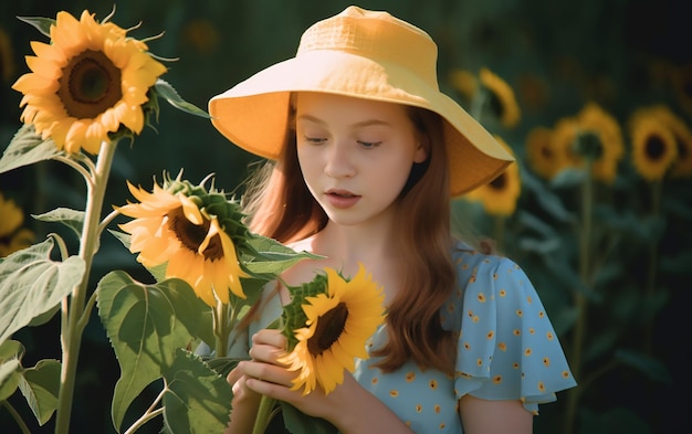 A girl in a sunflower field wearing a yellow sunflower hat