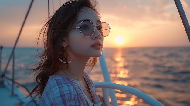 a girl in sunglasses on a yacht at sunset