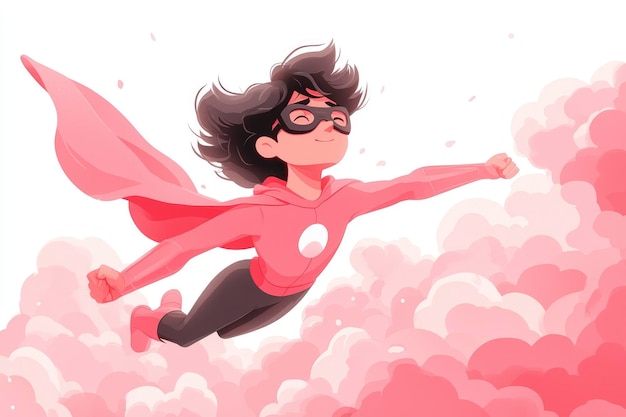 Girl Superhero Flying Through Pink Clouds