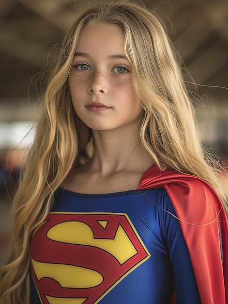 Photo a girl in a superman costume stands in front of a camera