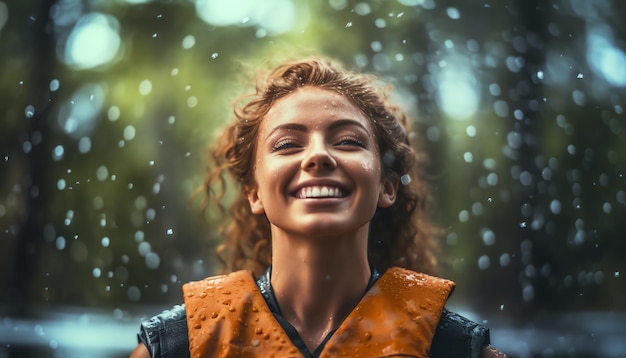 A girl swimming in a lake with water drops on the background