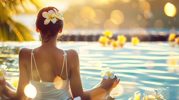 a girl in a swimming pool with flowers in her hair