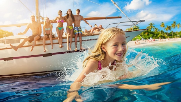 a girl in a swimming pool with a girl on the boat