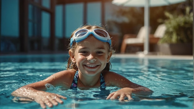 girl swims in the pool wearing glasses snorkeling diving