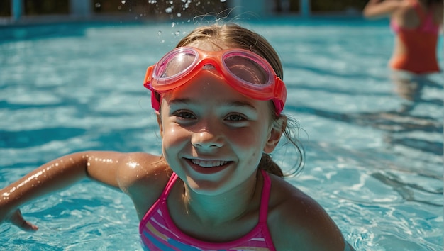 girl swims in the pool wearing glasses snorkeling diving