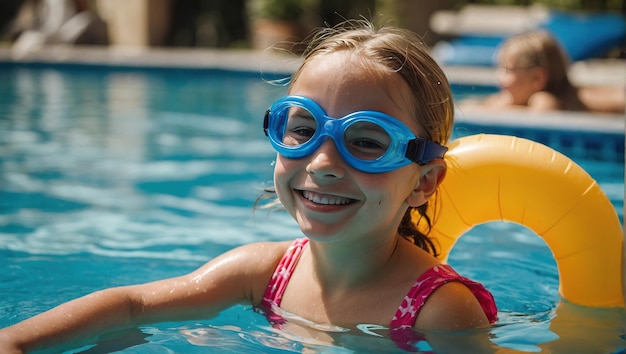 girl swims in the pool wearing glasses snorkeling diving