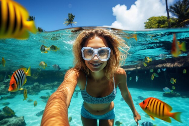 Photo a girl in a swimsuit is looking at a fish