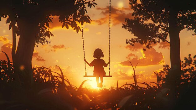 Photo a girl on a swing in the sunset