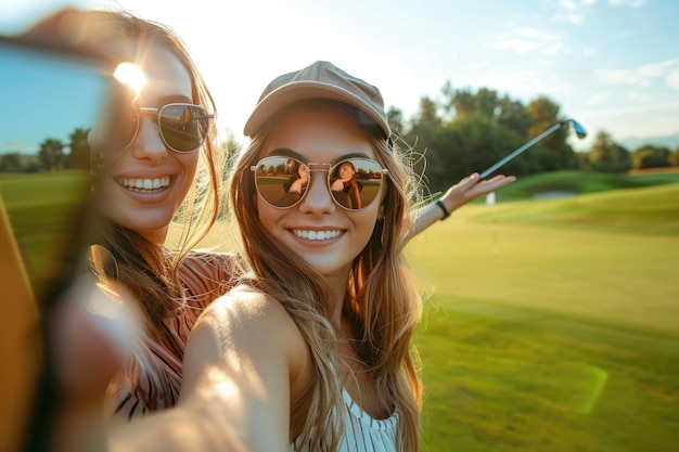 Photo girl taking selfie with friends on golf field