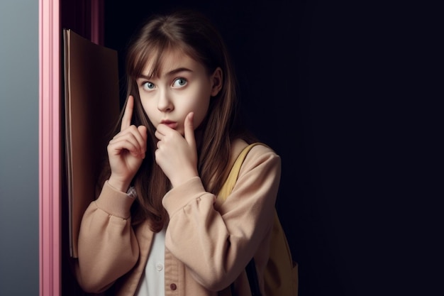 A girl talking on a phone in front of a door.