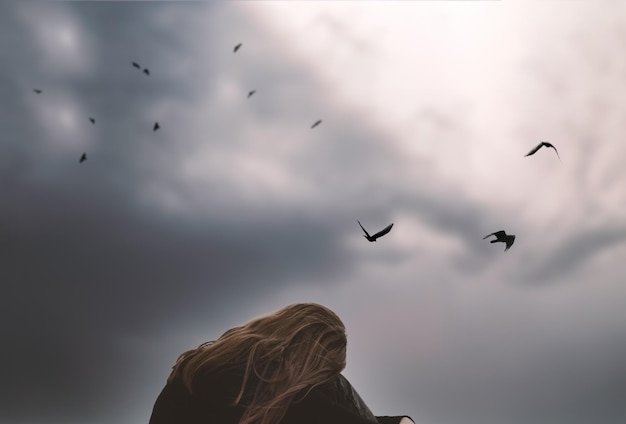 Girl teenager student lonely upset by the sky with birds thinks about a difficult life tragedy