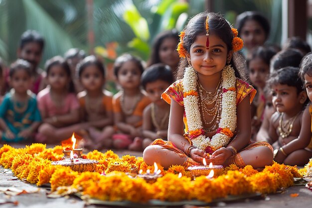 Photo a girl in a temple with a candle in the middle