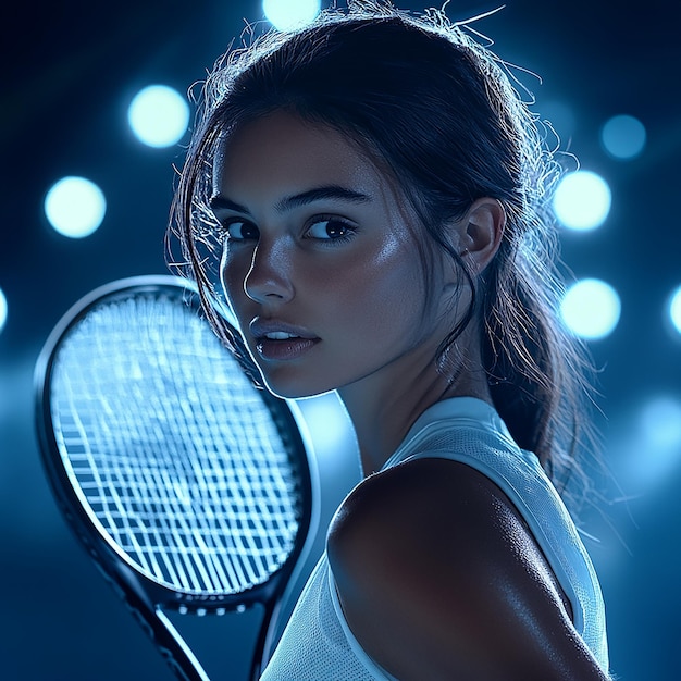 Photo girl tennis player with a racket on dark background