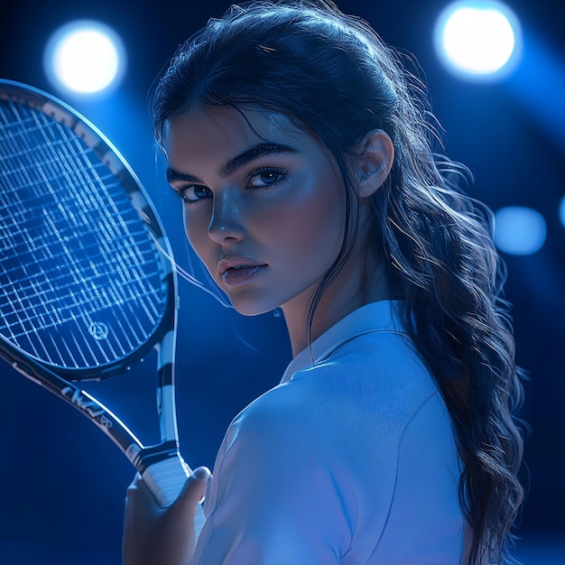 Photo girl tennis player with a racket on dark background