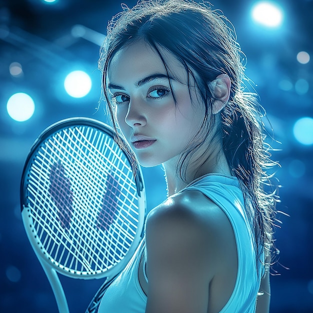 Photo girl tennis player with a racket on dark background