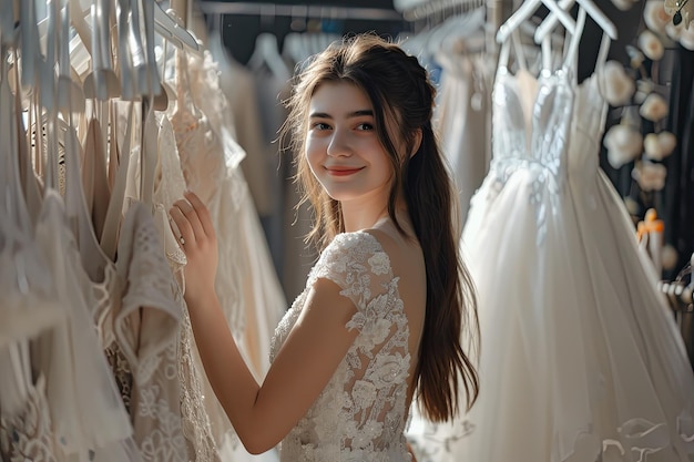 Photo a girl thoughtfully choosing her perfect wedding dress