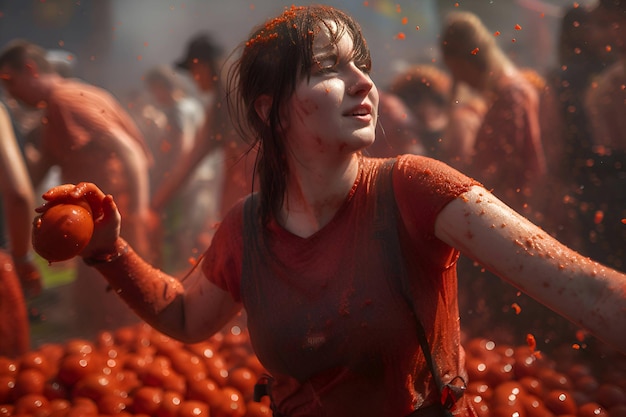 A girl at a tomato festival in Spain la tomatina Generative AI 1