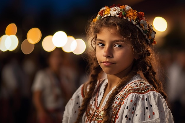 A girl in a traditional costume poses for a photo.