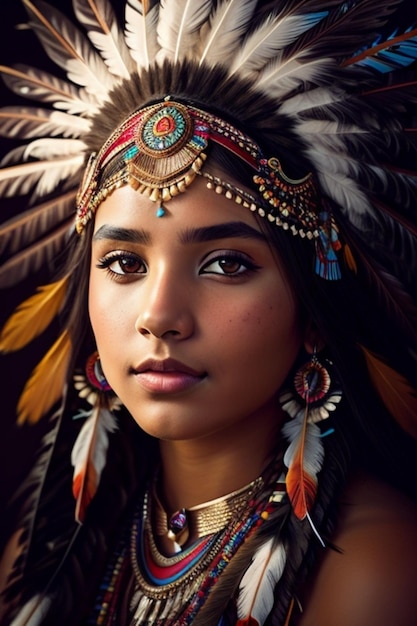 A girl in a traditional costume with feathers and feathers.